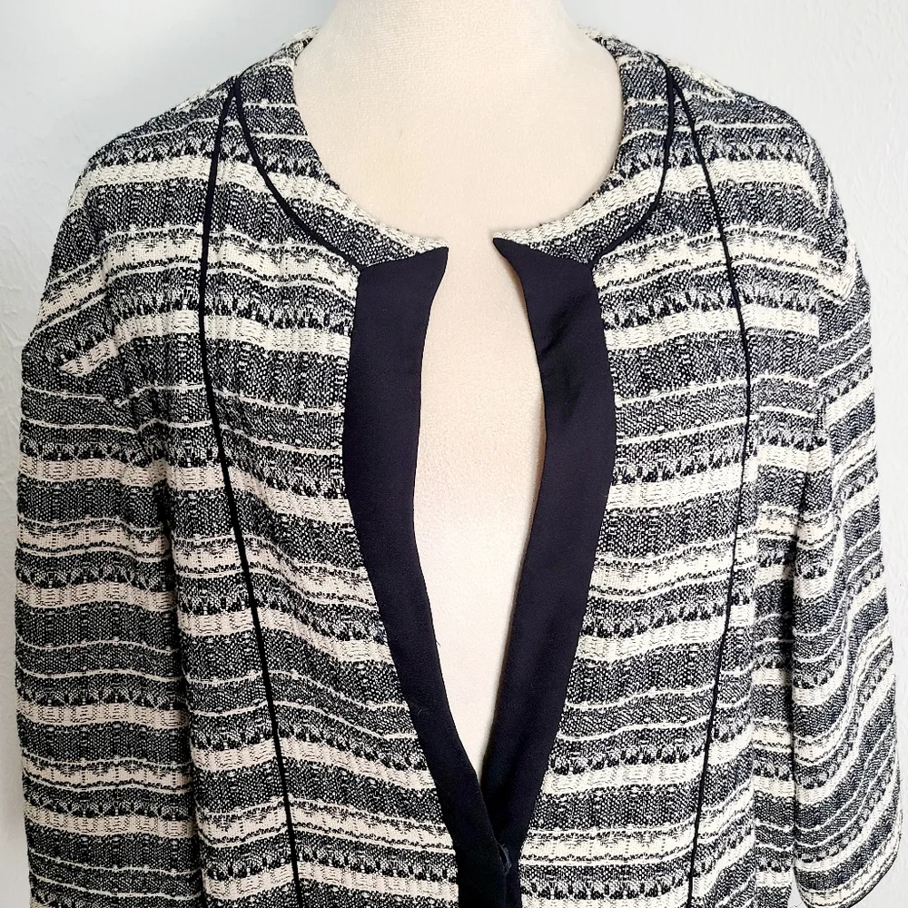 Anne Klein Black,Gray,White Striped Tweed Long Jacket, Black Trim, Size XL - Picture 4 of 12